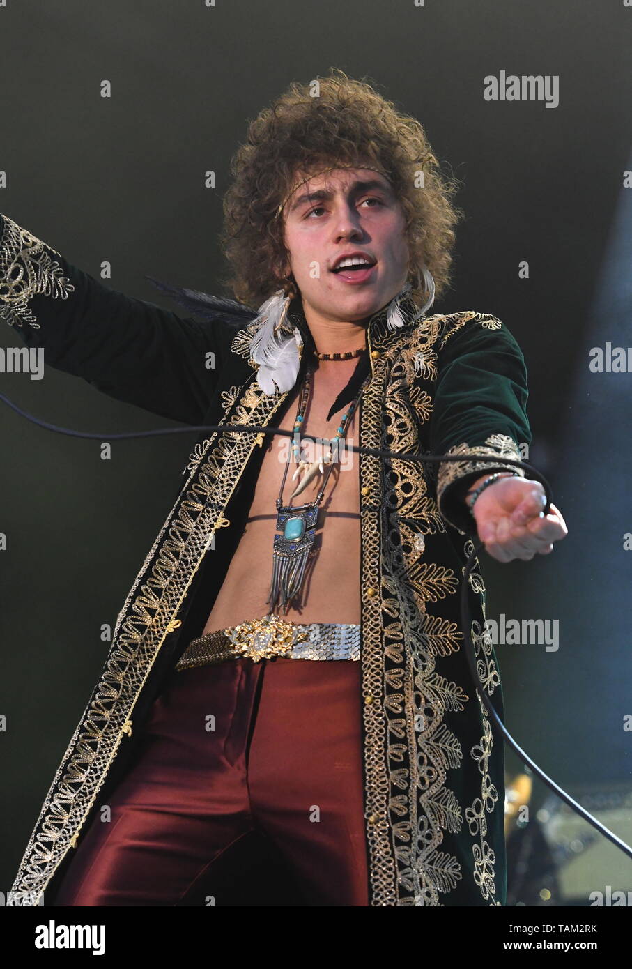 Singer Josh Kiszka is shown performing on stage during a live concert