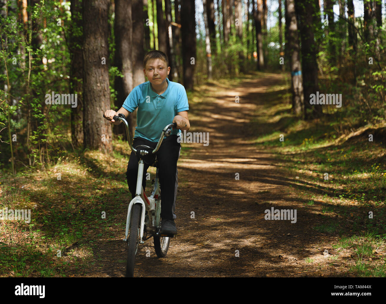 A young caucasian boy is riding bicycle on a sunny day. Boy is riding bike through countryside. Boy is riding a bicycle through the forest. Stock Photo