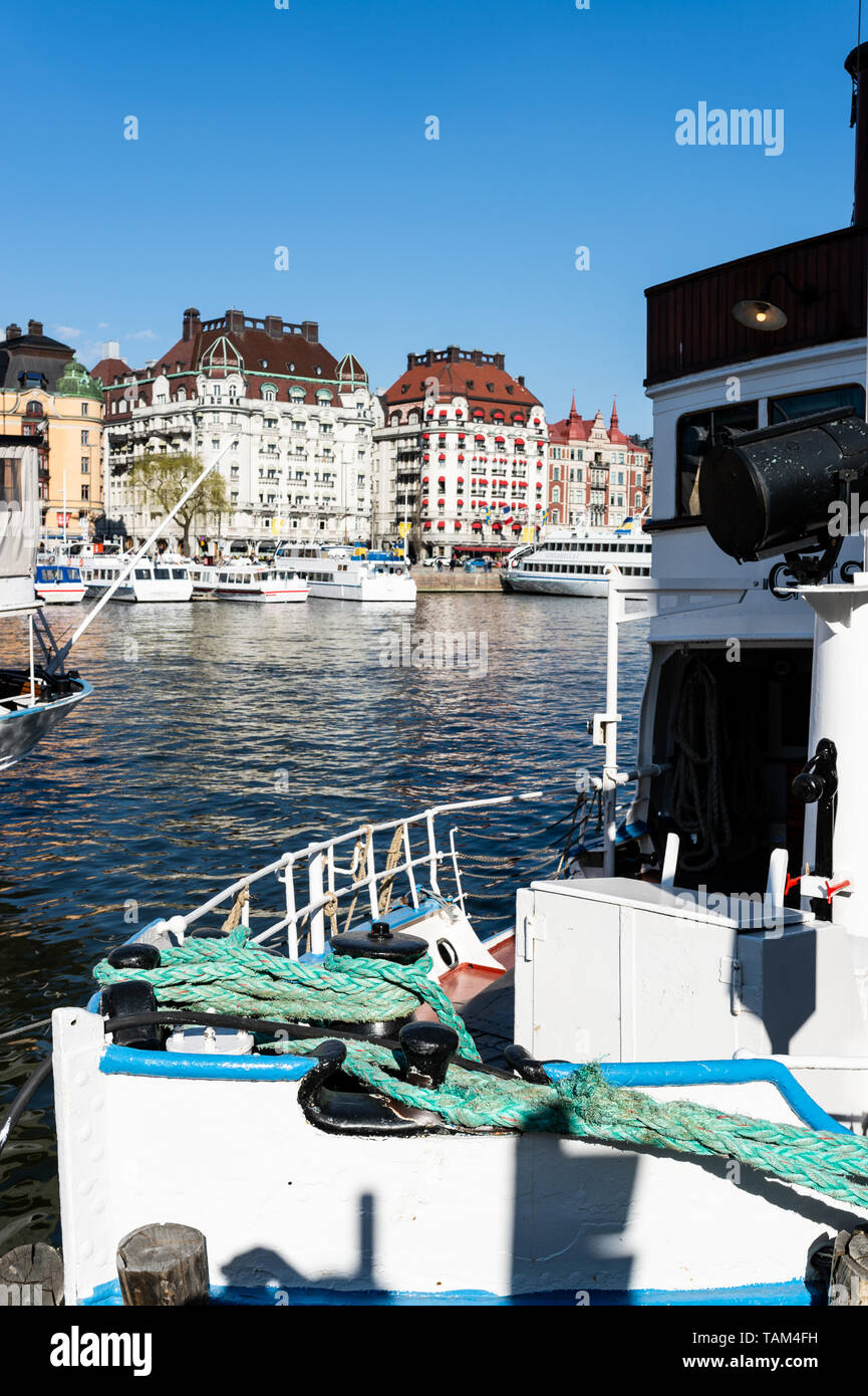 Boats moored in the centre of Stockholm, Sweden Stock Photo