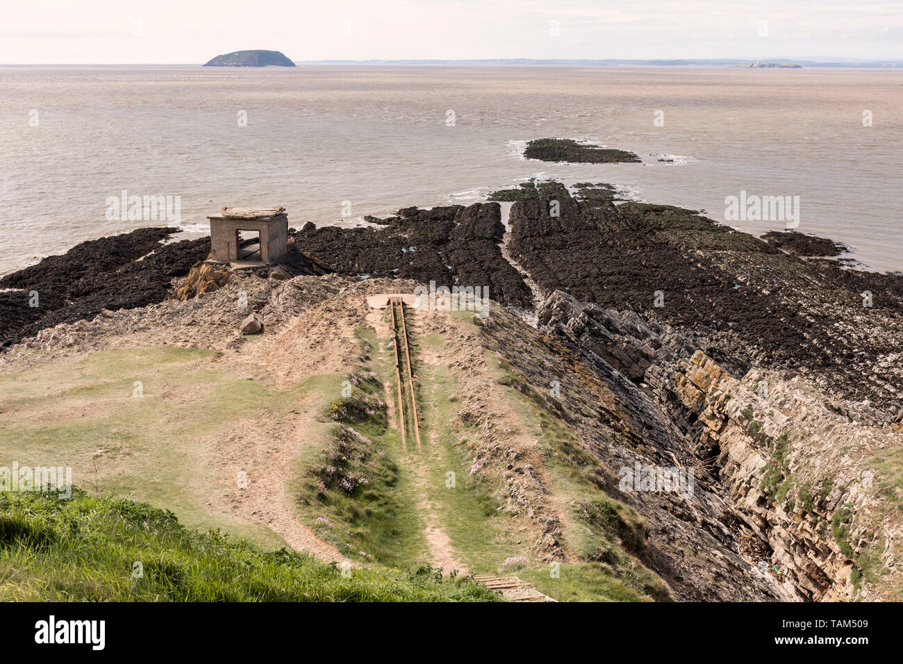 Searchlight post - Brean Down Fort, Somerset, England, UK Stock Photo