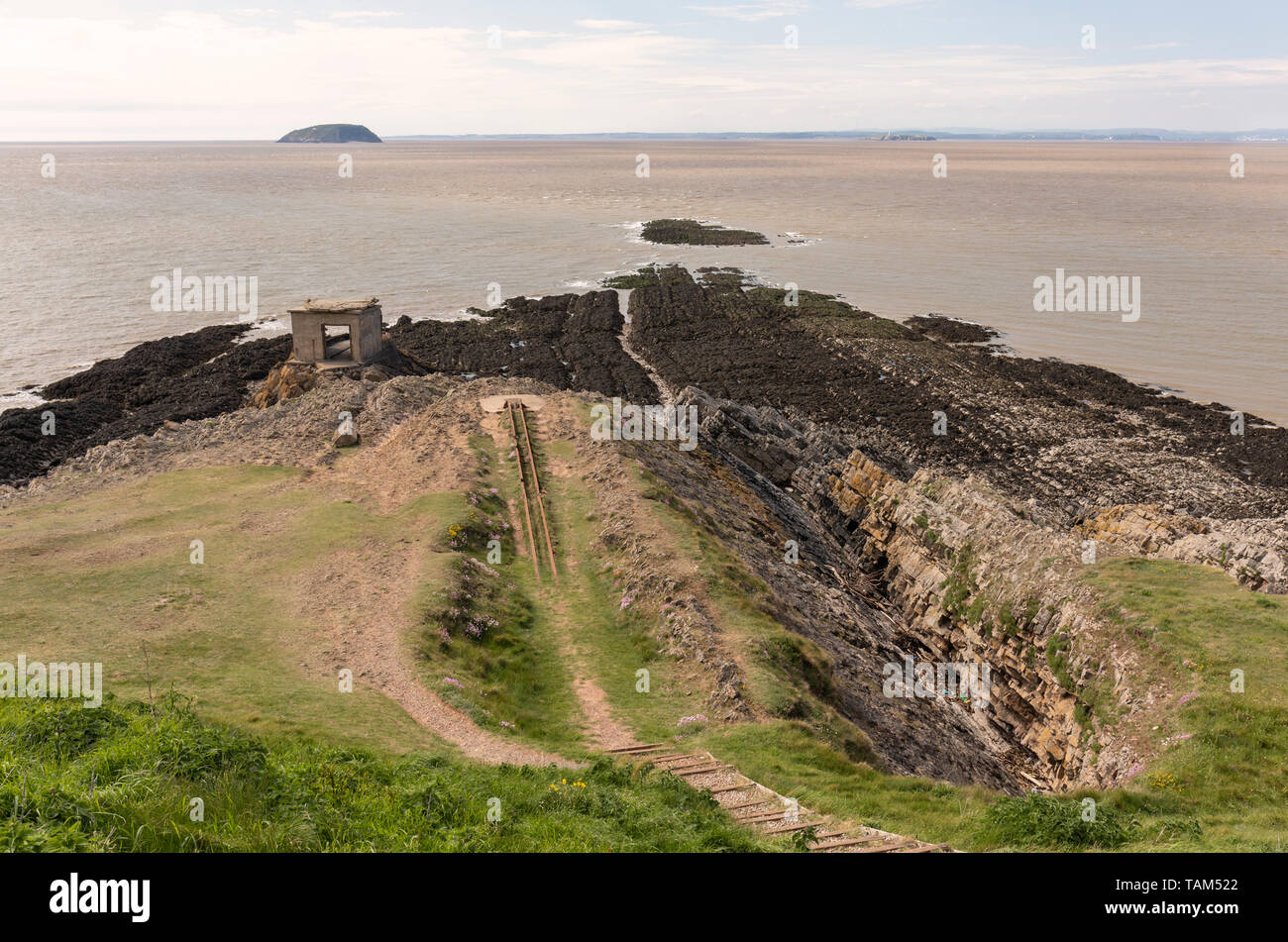 Searchlight post - Brean Down Fort, Somerset, England, UK Stock Photo