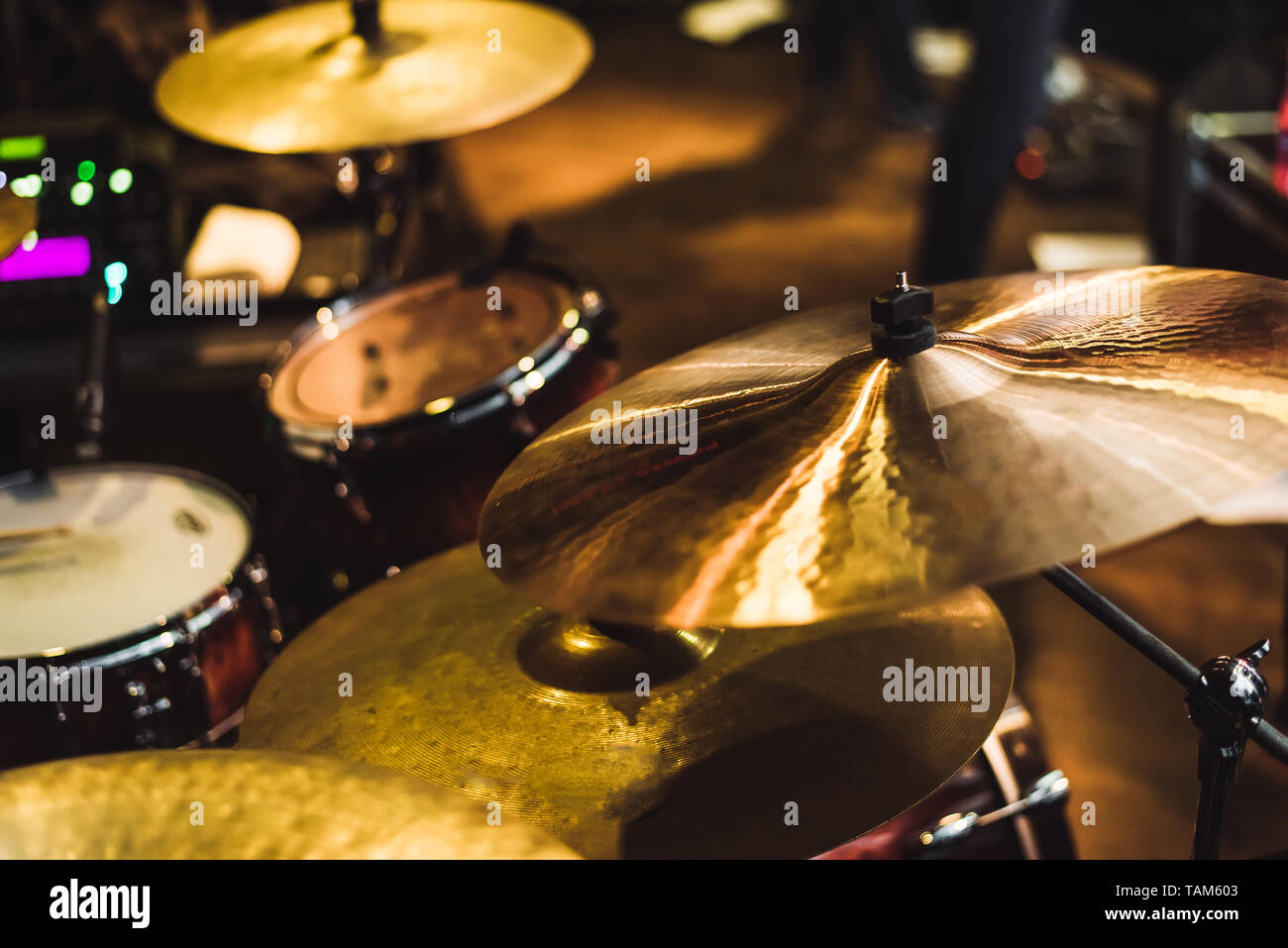Drum set at a rock concert. Drum music plate and Stock Photo Alamy