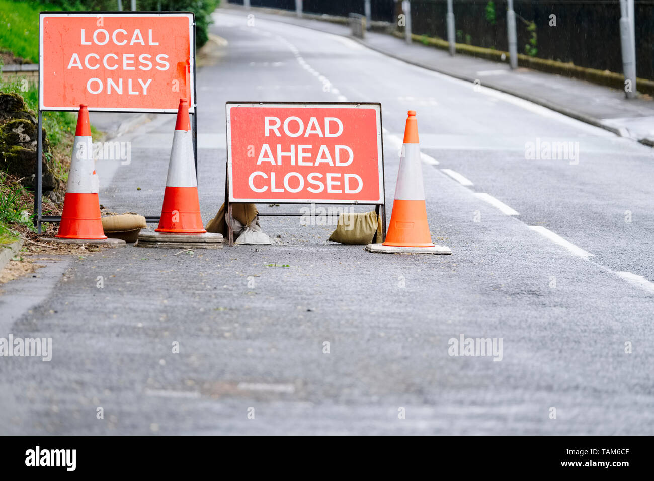 Road ahead closed and local access only sign and traffic cones Stock
