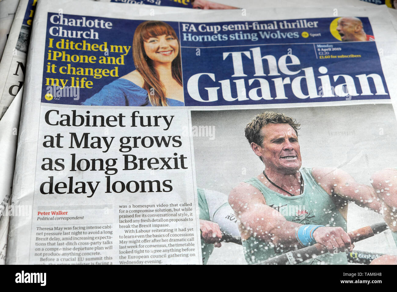 'Cabinet fury at May grows as long Brexit delay looms' PM Theresa May Brexit front page newspaper headlines in the Guardian April 2019 as Prime Minister attempts persistently to get a withdrawal agreement through with the European Union officials in Brussels London Britain UK Stock Photo