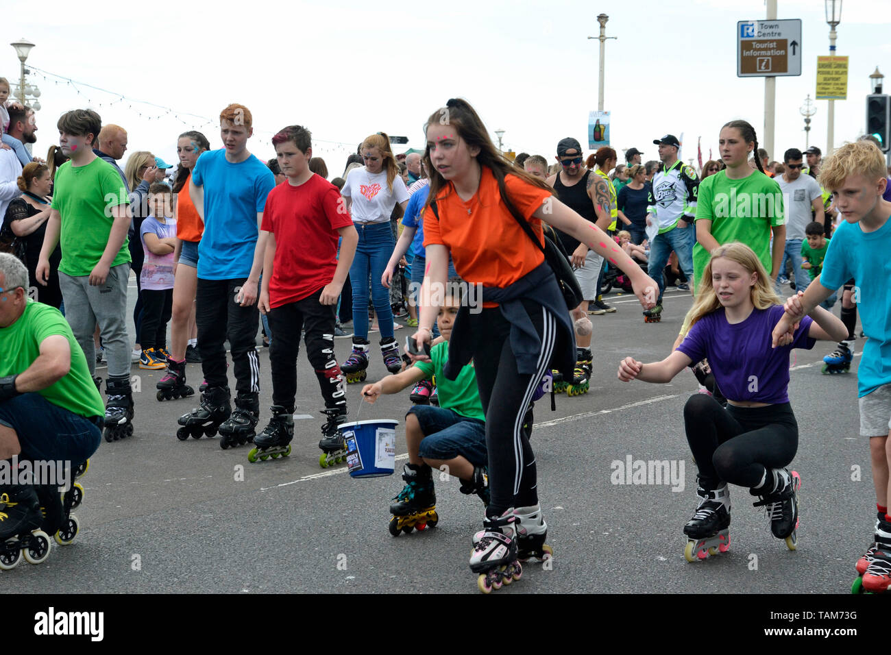 Roller skaters from Skate World at Eastbourne Sunshine Carnival, Sussex, England, UK. May Bank Holiday 2019 Stock Photo