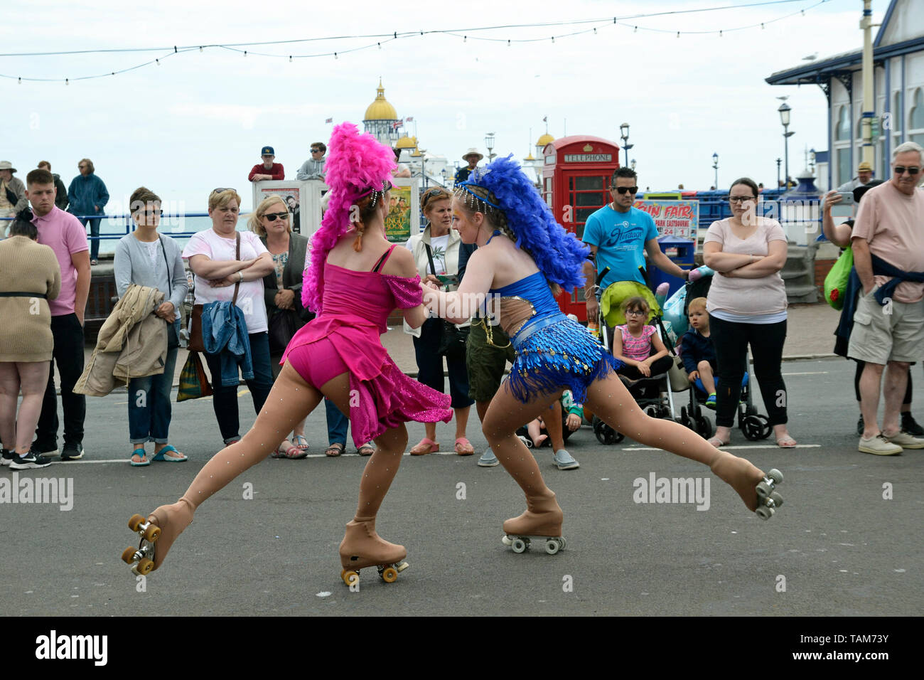Roller skaters from Skate World at Eastbourne Sunshine Carnival, Sussex, England, UK. May Bank Holiday 2019 Stock Photo