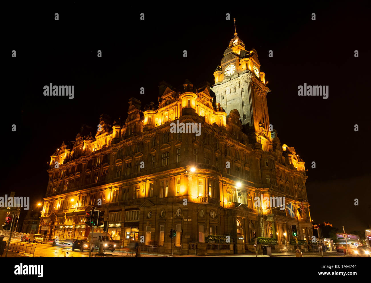 The Balmoral landmark victorian hotel at night, Edinburgh New Town, City Centre, Scotland UK Stock Photo
