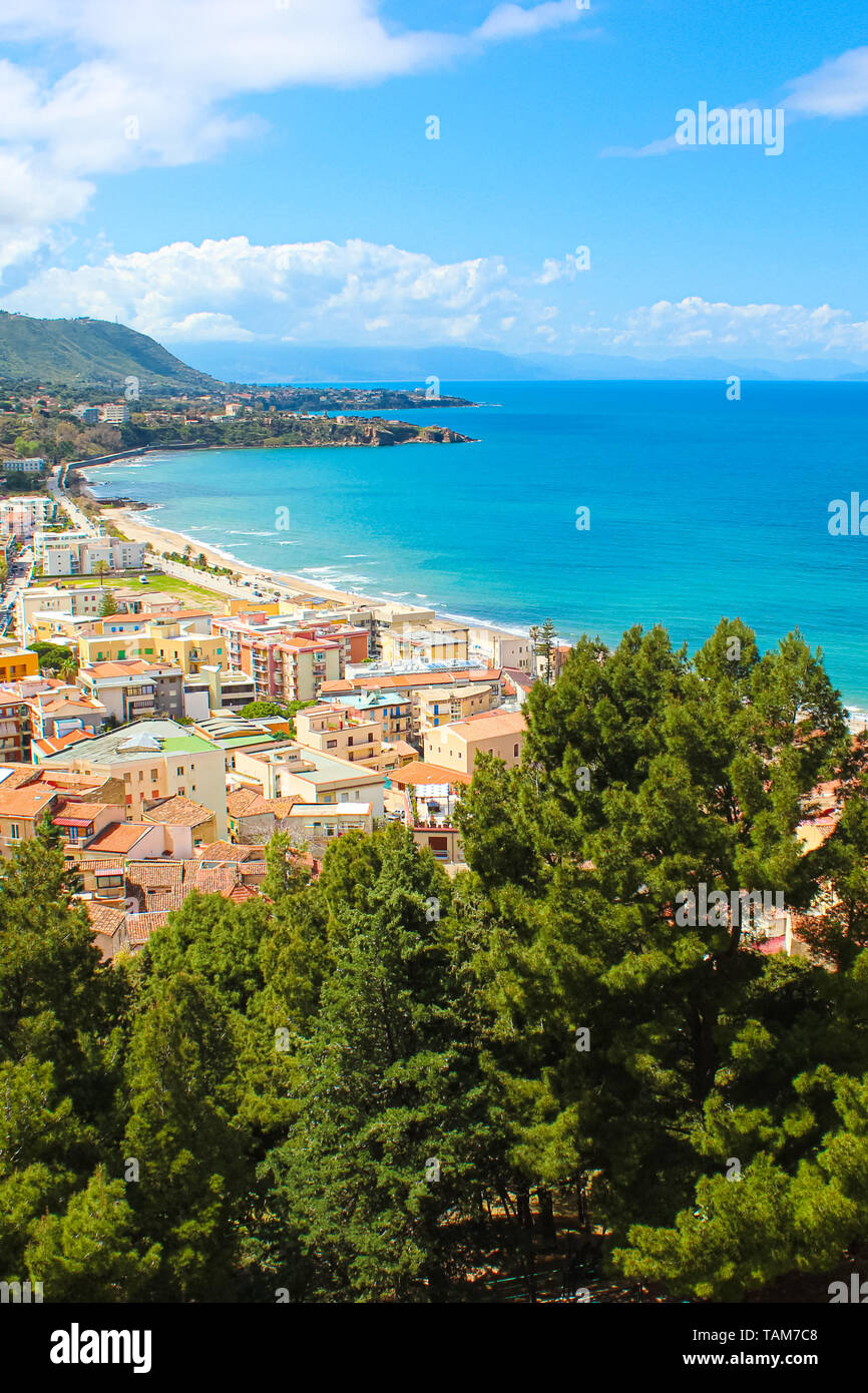 Beautiful landscape near Sicilian Cefalu, Italy. The amazing city located on the Tyrrhenian coast is a popular holiday destination. Taken from a view point overlooking the bay. Stock Photo