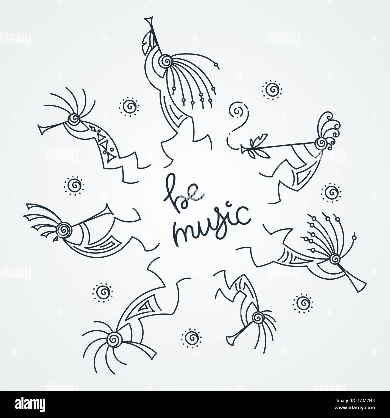 Be music. Hand drawn Kokopelli circle. Stylized mythical characters playing flutes. Vector art for prints. design, cards, children and coloring books, Stock Vector