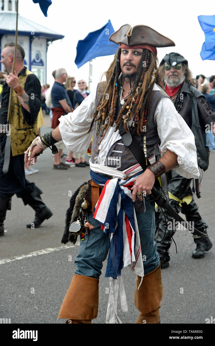 Captain Jack Sparrow at Eastbourne Sunshine Carnival, Sussex, England, UK. May Bank Holiday 2019 Stock Photo