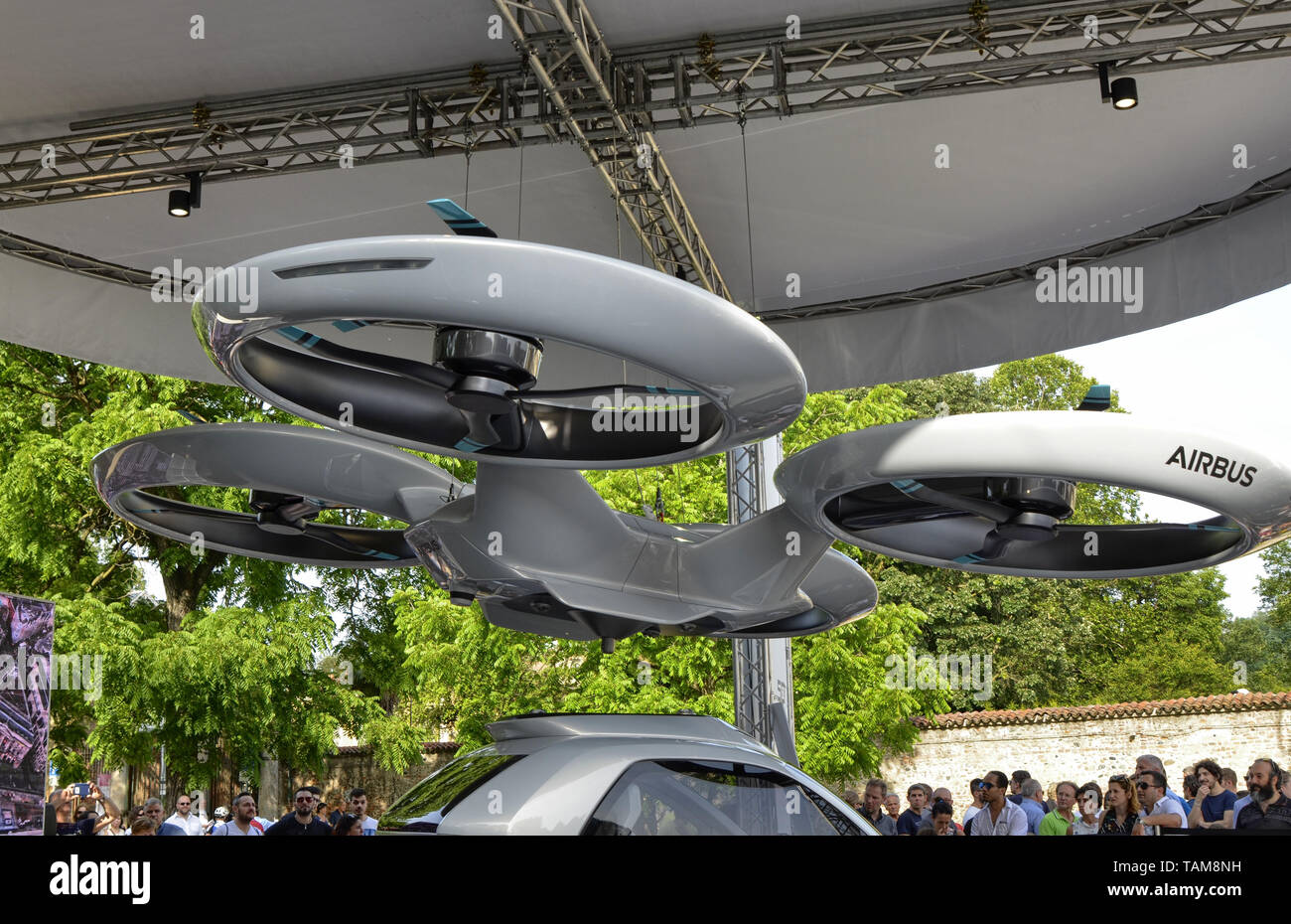 Turin, Piemonte, Italy. June 2018. Fully electric modular system resulting from the collaboration between Audi Airbus and Italdesign. Land and air veh Stock Photo