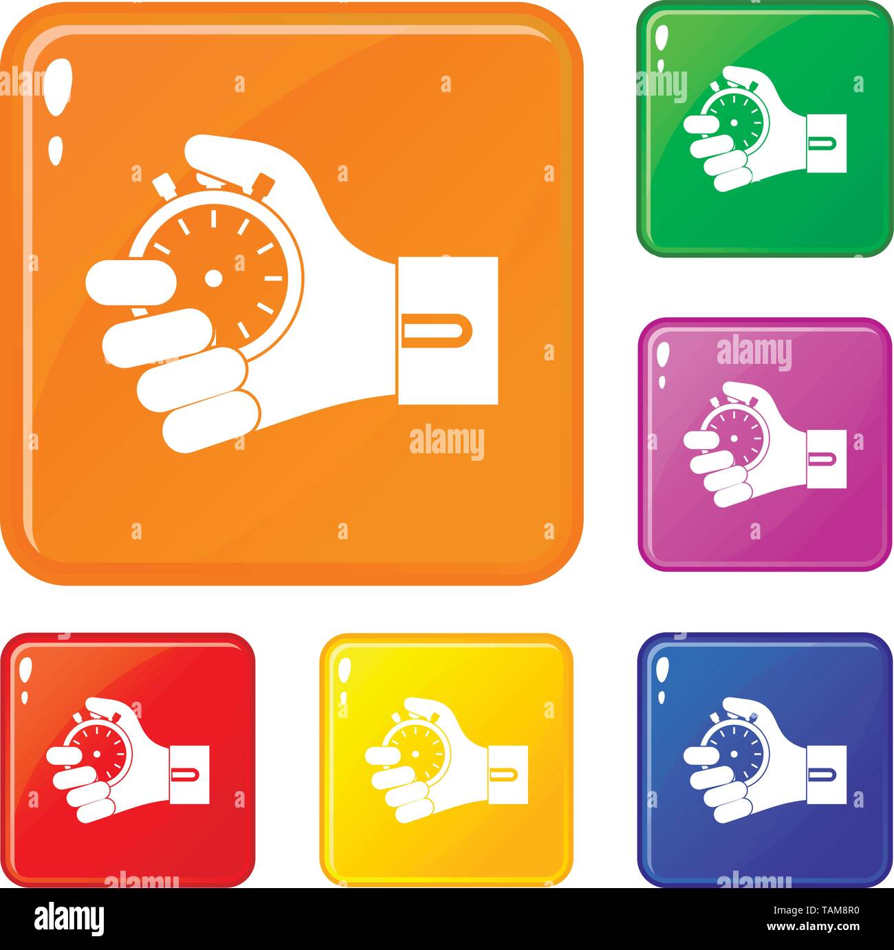 Hand holding stopwatch icons set vector color Stock Vector