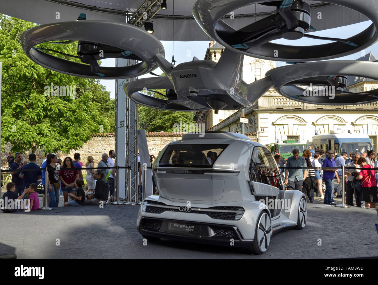 Turin, Piemonte, Italy. June 2018. Fully electric modular system resulting from the collaboration between Audi Airbus and Italdesign. Land and air veh Stock Photo