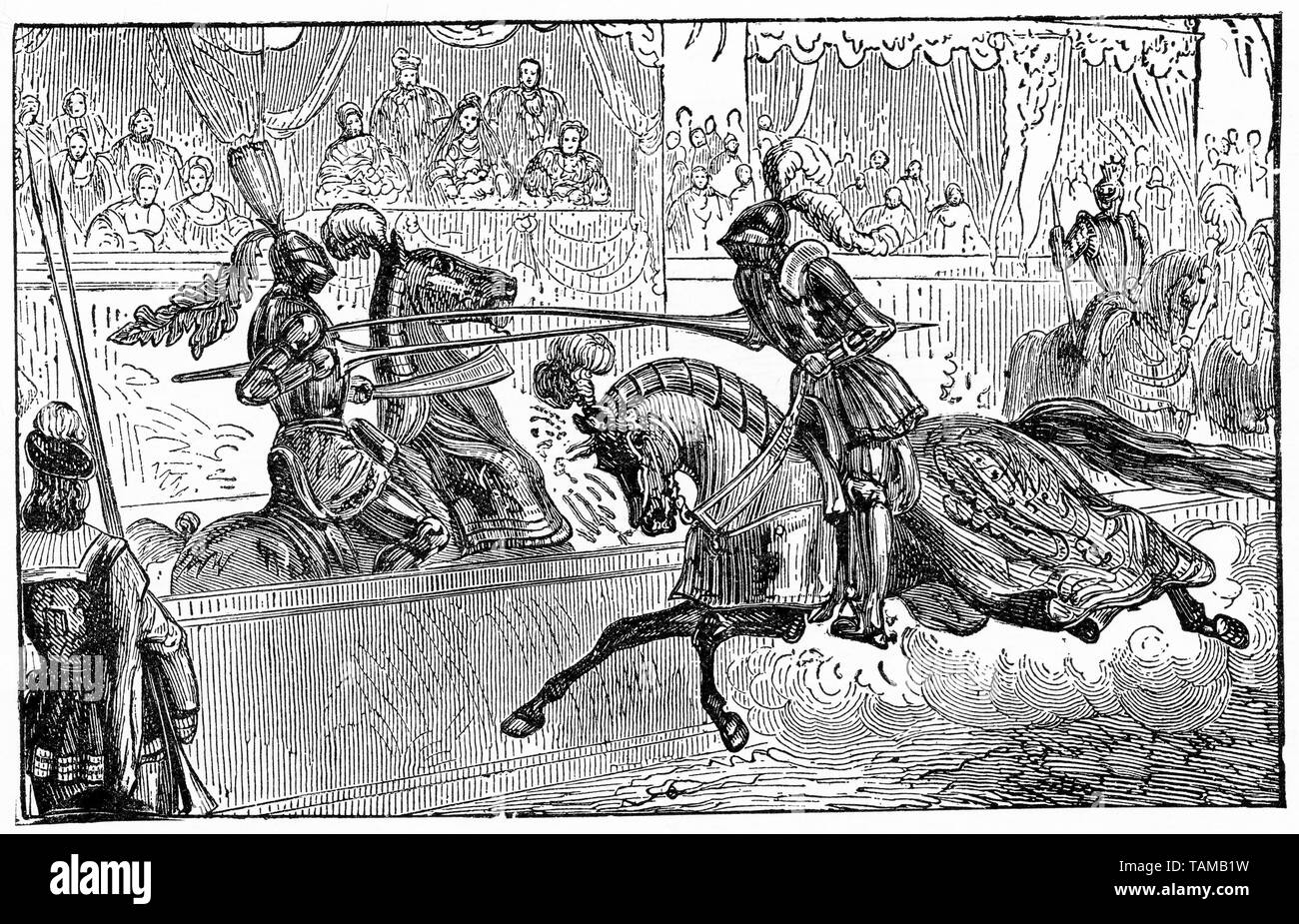 Engraving of two knights in armour jousting at the lists. Stock Photo