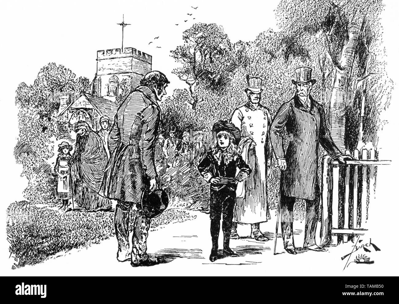 Engraving of the tenant Higgins expressing his thanks to the earl in the novel, Little Lord Fauntleroy Stock Photo