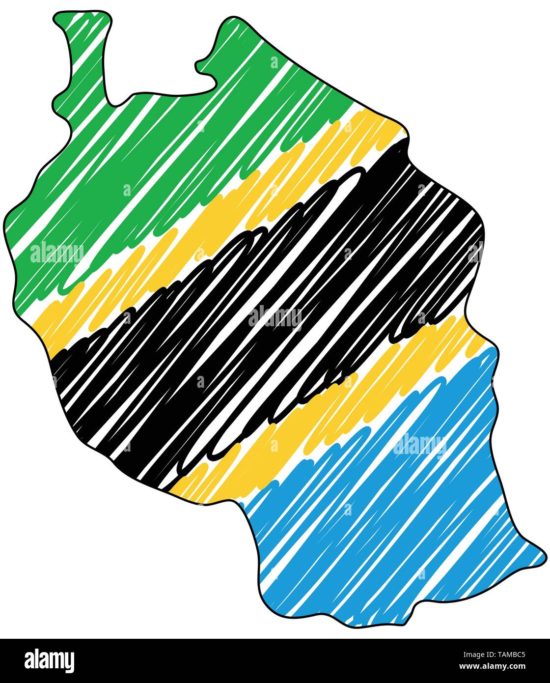 Tanzania map hand drawn sketch. Vector concept illustration flag, childrens drawing, scribble map. Country map for infographic, brochures and Stock Vector