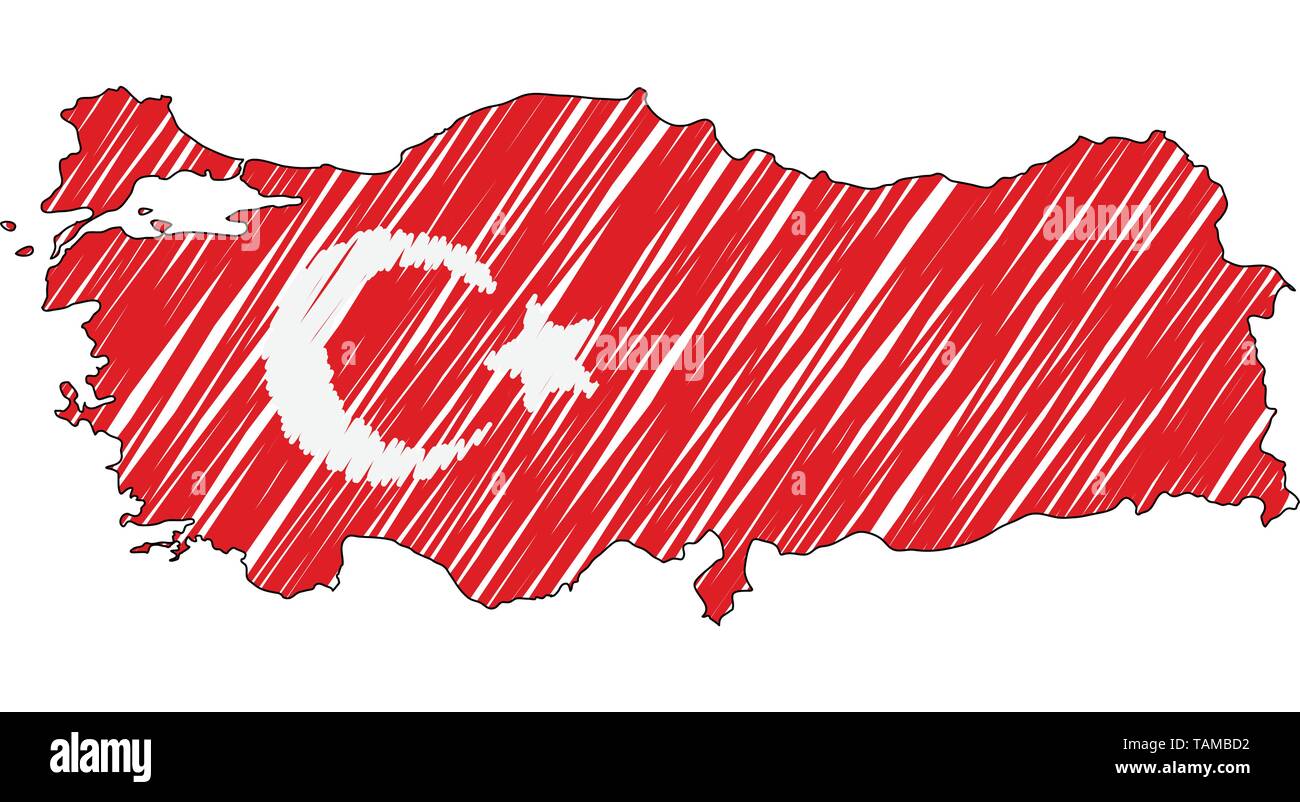 Turkey map hand drawn sketch. Vector concept illustration flag, childrens drawing, scribble map. Country map for infographic, brochures and Stock Vector
