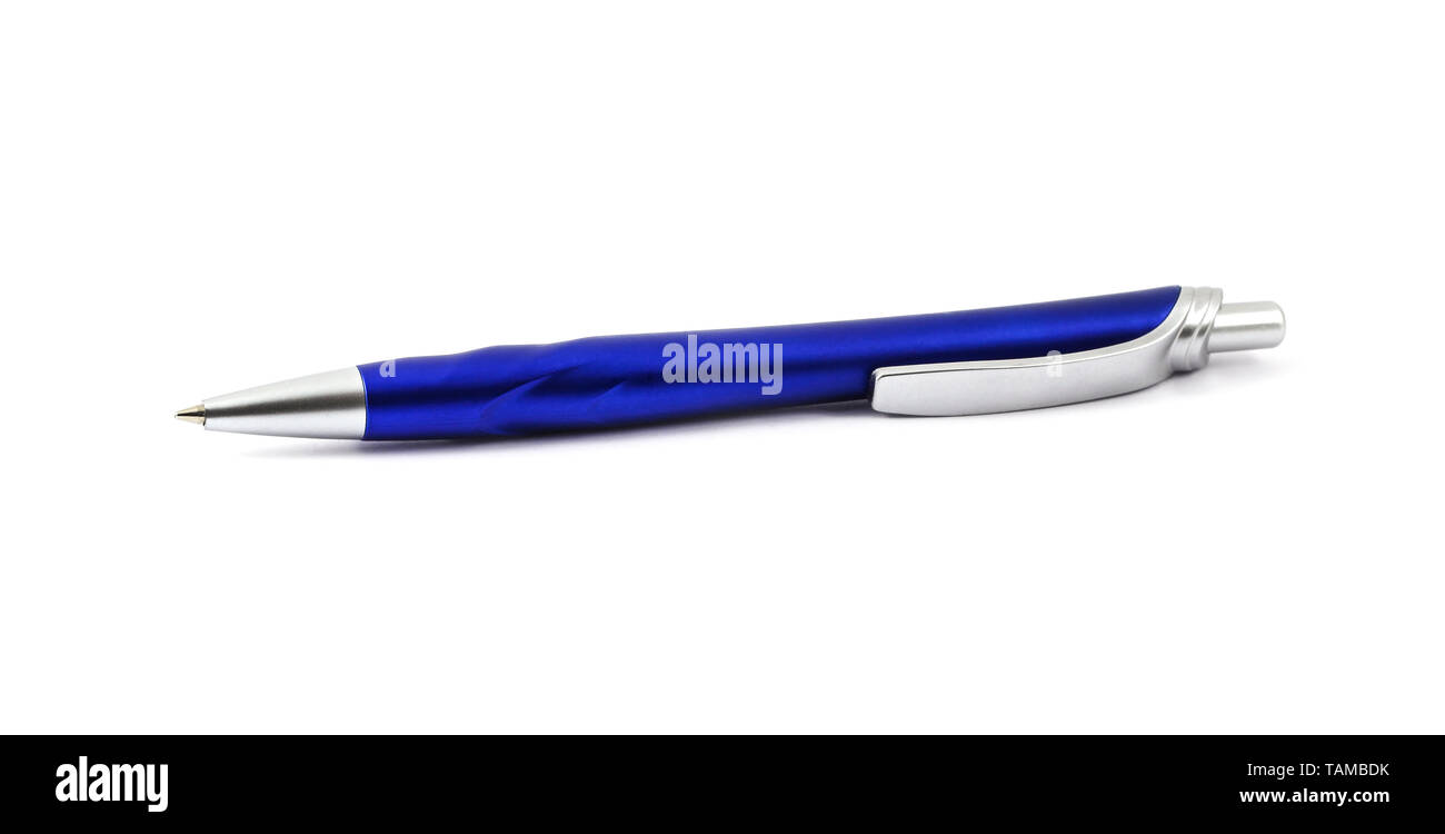 Blue ballpoint pen with a button isolated on white Stock Photo