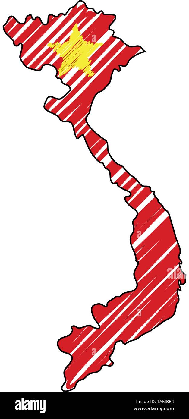 Vietnam map hand drawn sketch. Vector concept illustration flag, childrens drawing, scribble map. Country map for infographic, brochures and Stock Vector