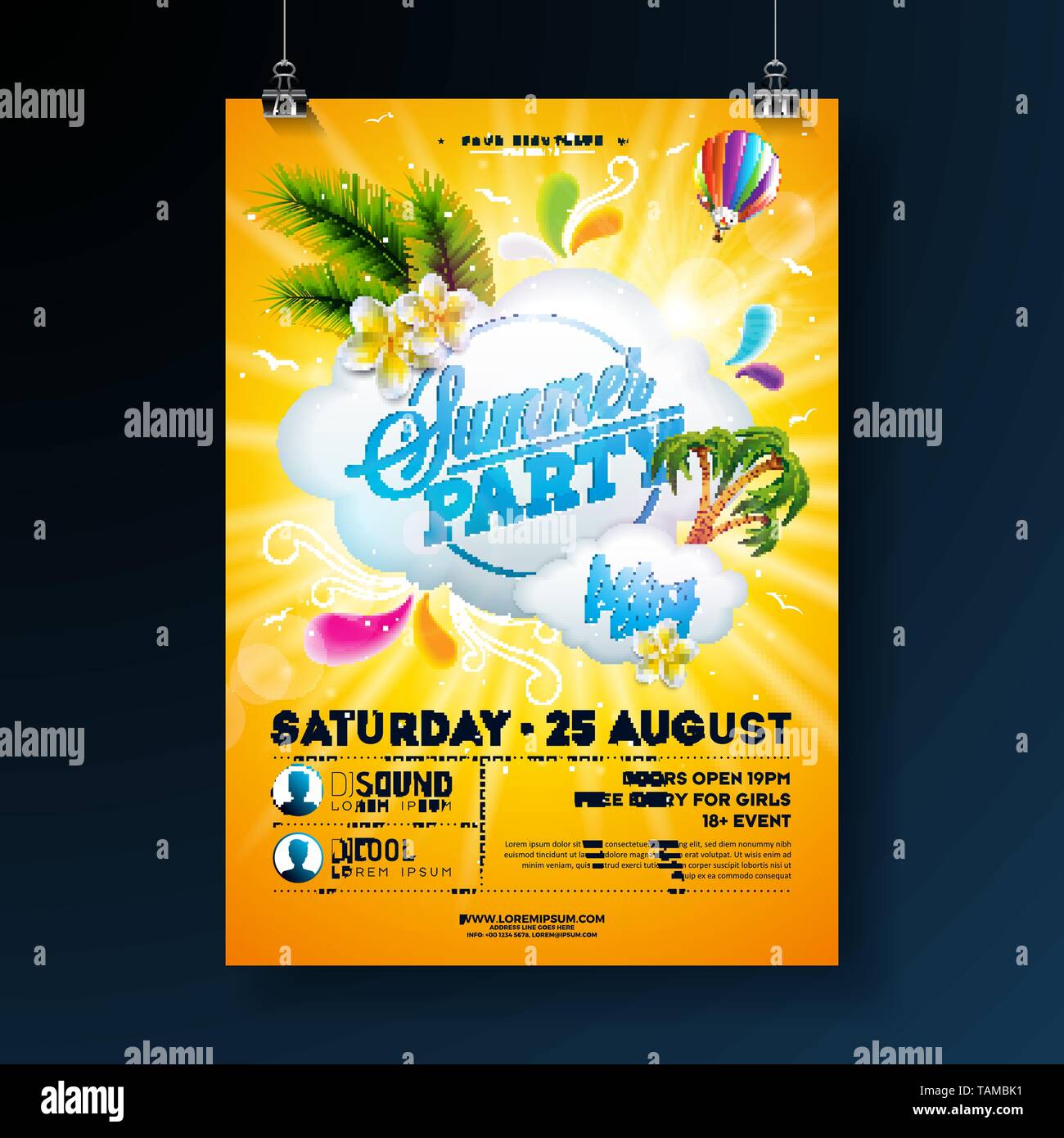 Vector Summer Party Flyer Design with flower, palm trees and sun glasses on sun yellow background. Summer nature floral elements, tropical plants, air Stock Vector