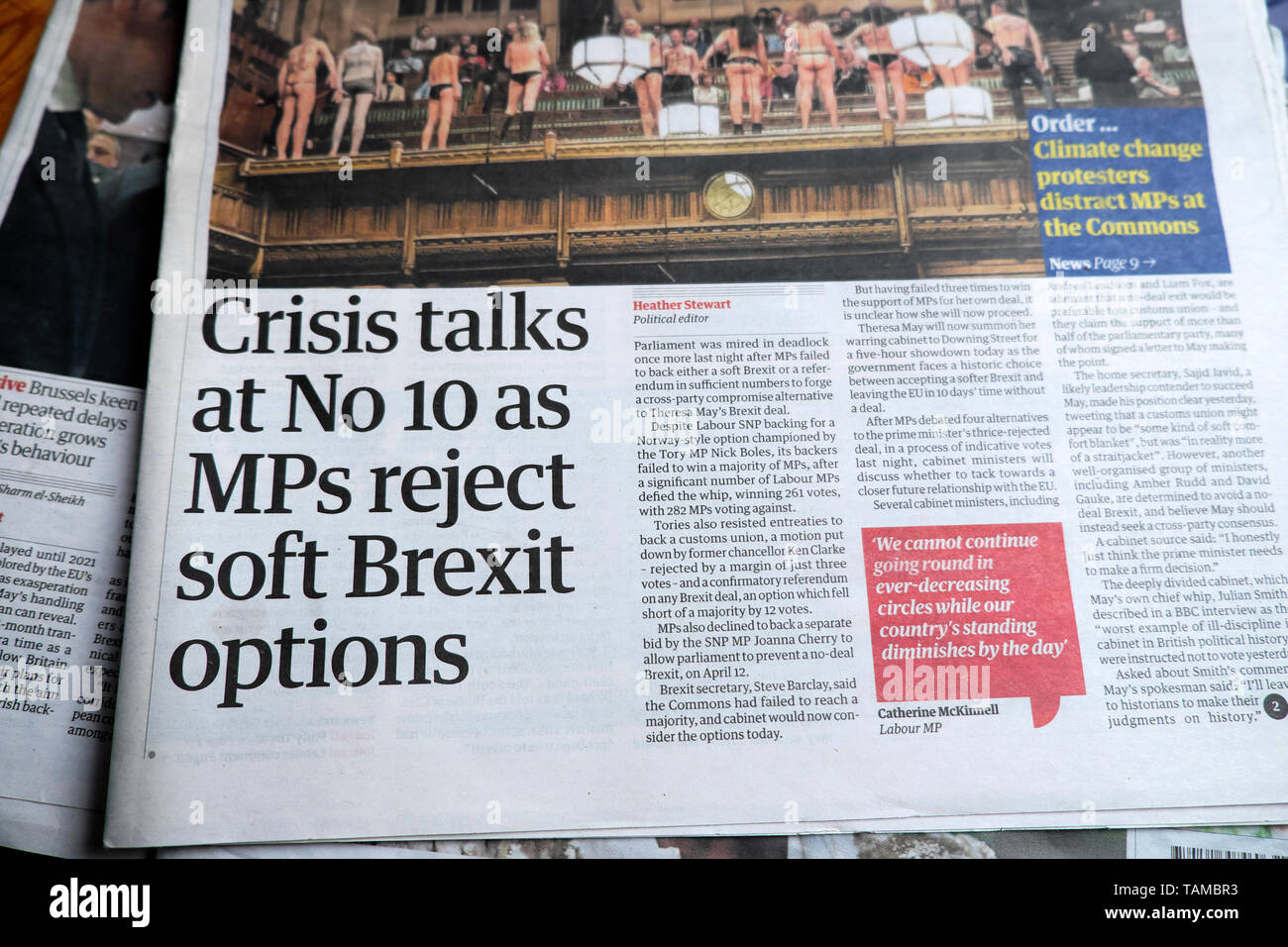 'Crisis talks at No 10 as MPs reject soft Brexit options' newspaper headline in Guardian news paper article on 2 April 2019 London England Britain UK Europe  European Union EU Stock Photo