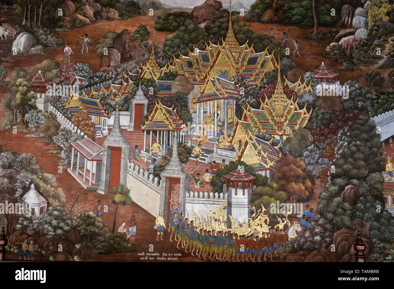 Bangkok, Tahiland - 2019-03-01 - Traditional Thai painting of Ramayana story in the grand palace Stock Photo