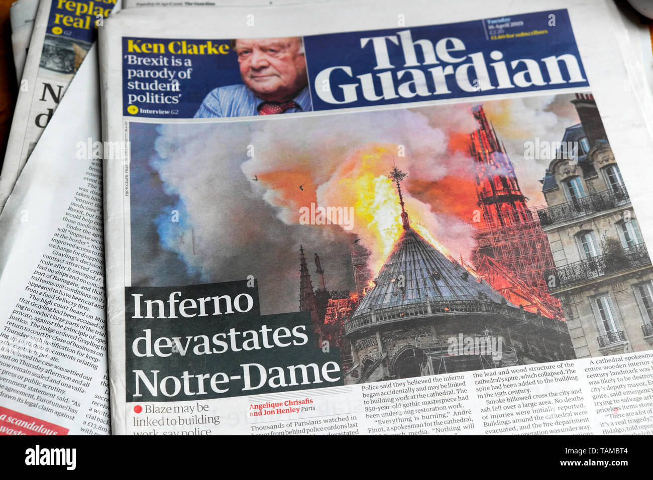 Inferno devastates Notre-Dame" Cathedral fire front page headline,  headlines in the Guardian newspaper on 16 April 2019 Paris France Stock  Photo - Alamy