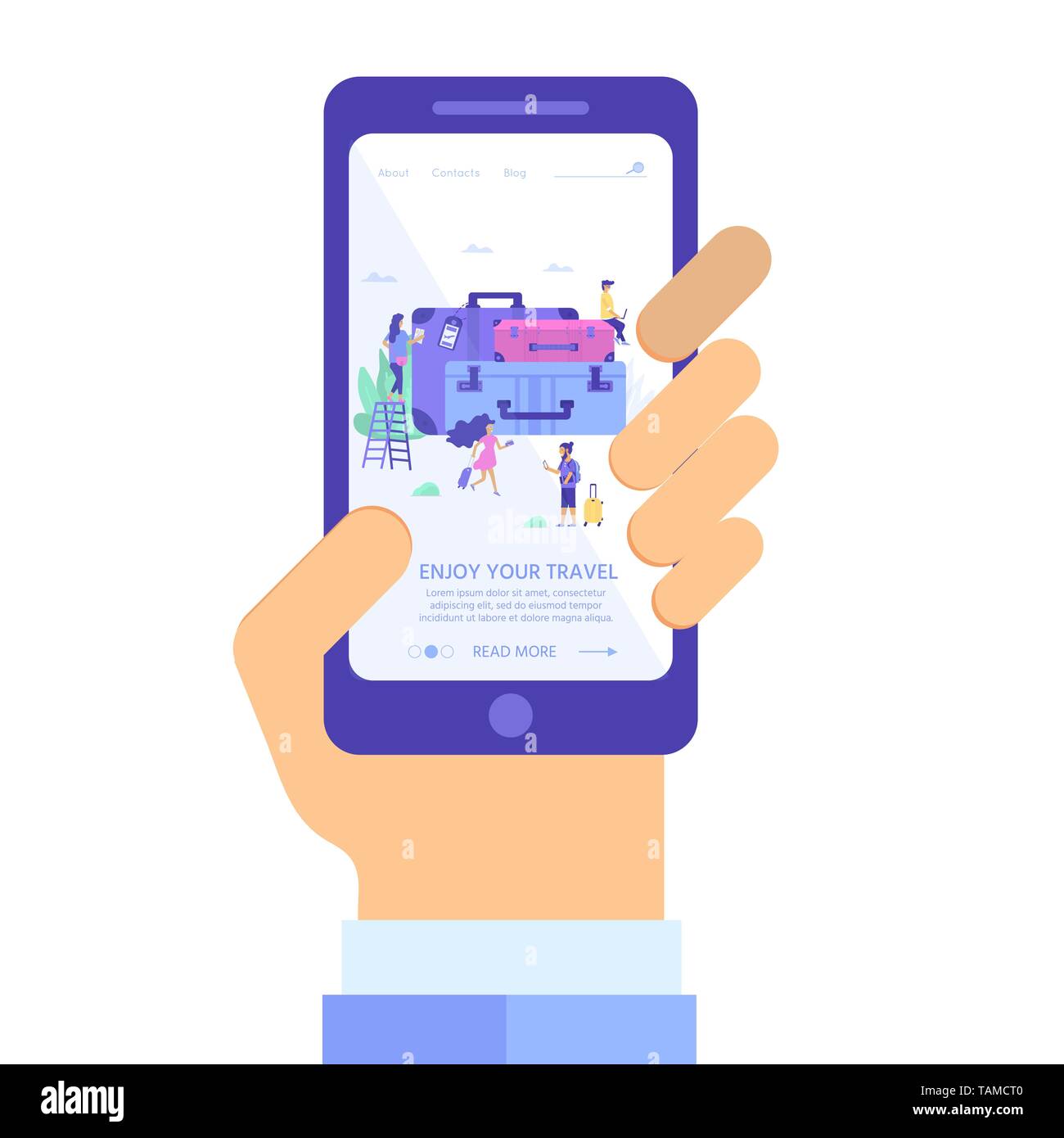 Hand holding phone with app for travel and tourism concept.  Website template, online booking reservation, landing page, banner, flight tickets servic Stock Vector