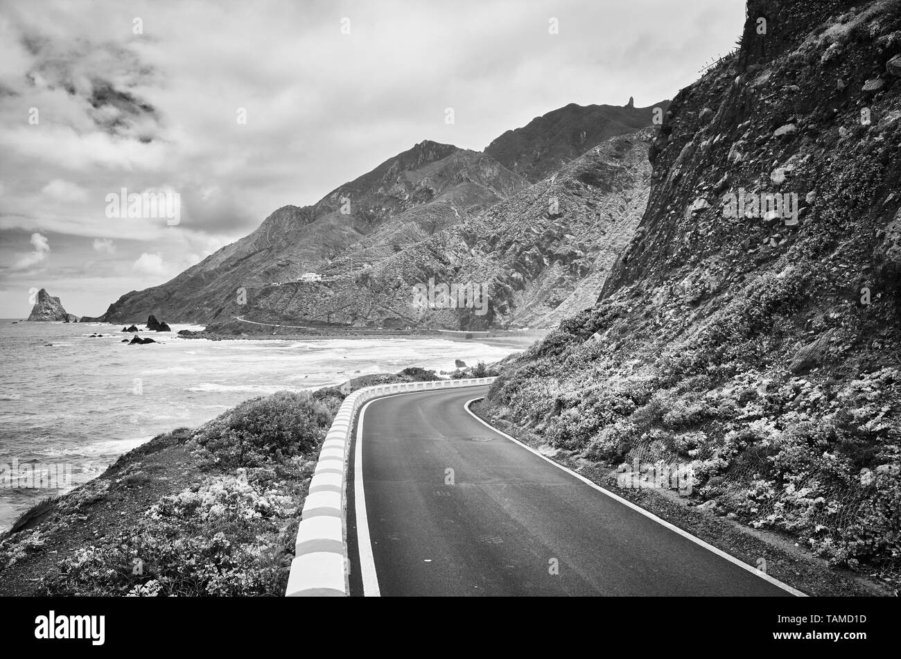 Scenic ocean drive road at the Macizo de Anaga mountain range, Atlantic Ocean coast of Tenerife, Spain. Stock Photo