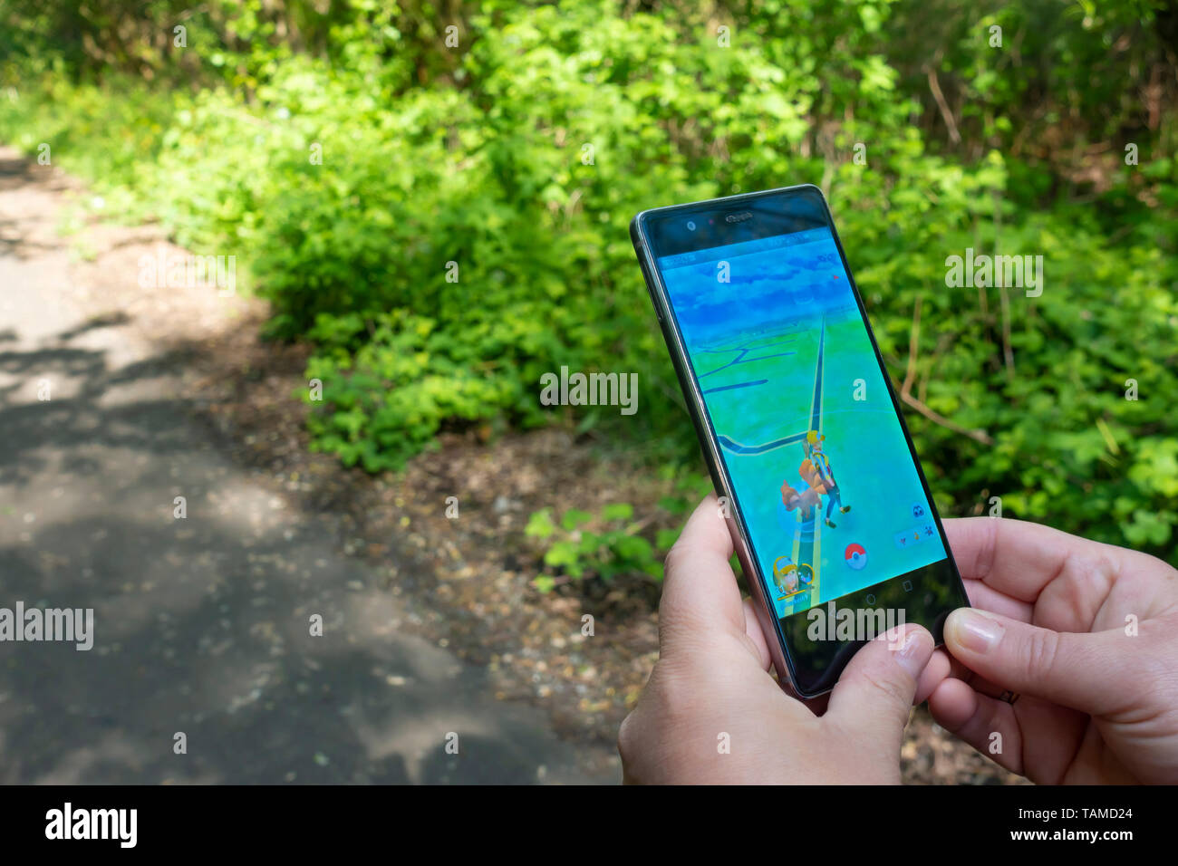Person playing Pokemon Go on a smart phone Stock Photo