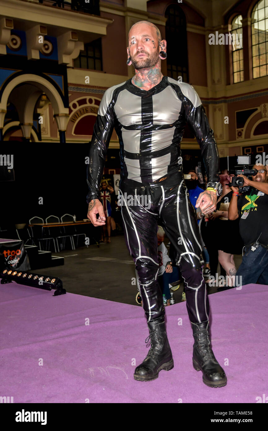 London, UK. 26th May, 2019. Designer Leanne Jane of Libidex showcases it latest collestion - Latex Fashion Show at The Great British Tattoo Show, on 26 May 2019, London, UK. Credit: Picture Capital/Alamy Live News Stock Photo