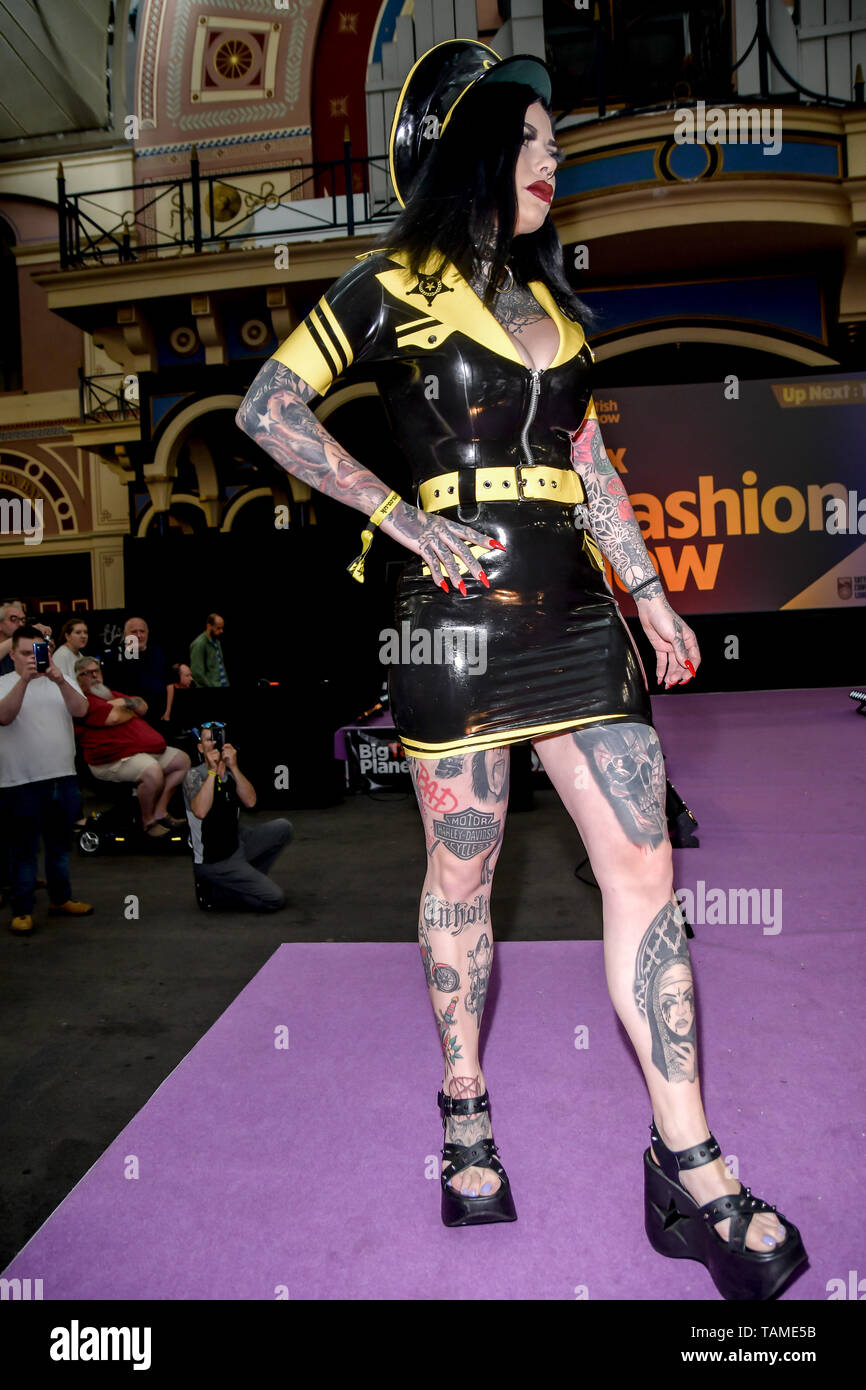 London, UK. 26th May, 2019. Designer Leanne Jane of Libidex showcases it latest collestion - Latex Fashion Show at The Great British Tattoo Show, on 26 May 2019, London, UK. Credit: Picture Capital/Alamy Live News Stock Photo