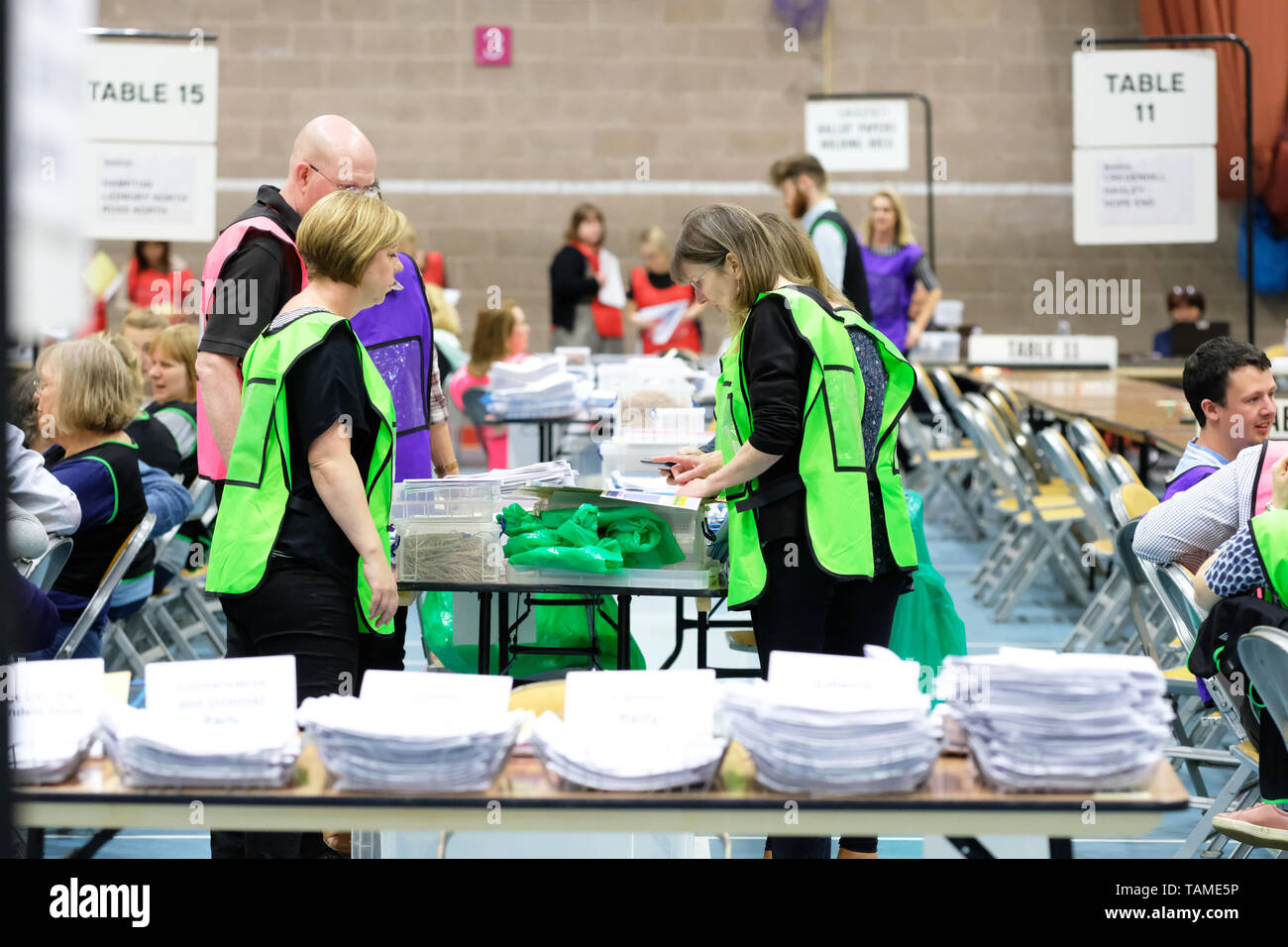 Hereford, UK. 26th May, 2019.  Election staff count ballot papers in Hereford as part of the UK wide European Elections - The Hereford votes are part of the West Midlands region and will return 7 MEPs - overall the UK will return 73 MEPs to the European Parliament. Photo Steven May / Alamy Live News Stock Photo