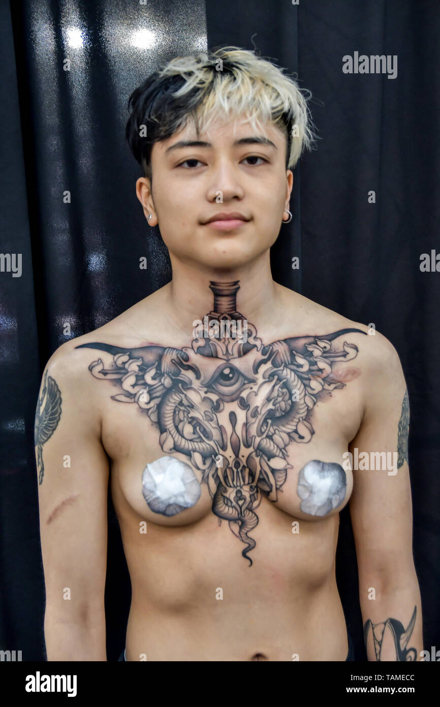 London, UK. 26th May, 2019. William Jones  - Tattoo Artist show his finish work of a client at The Great British Tattoo Show, on 26 May 2019, London, UK. Credit: Picture Capital/Alamy Live News Stock Photo