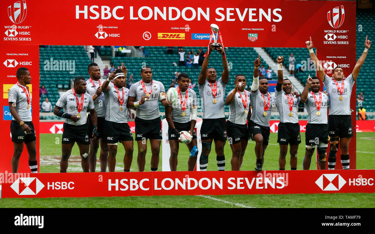 London, UK. 26th May, 2019.  Fiji Team with Trophy during The HSBC World Rugby Sevens Series 2019 London 7s Final  between Fiji and Australia at Twickenham on 26 May 2019 Credit: Action Foto Sport/Alamy Live News Stock Photo