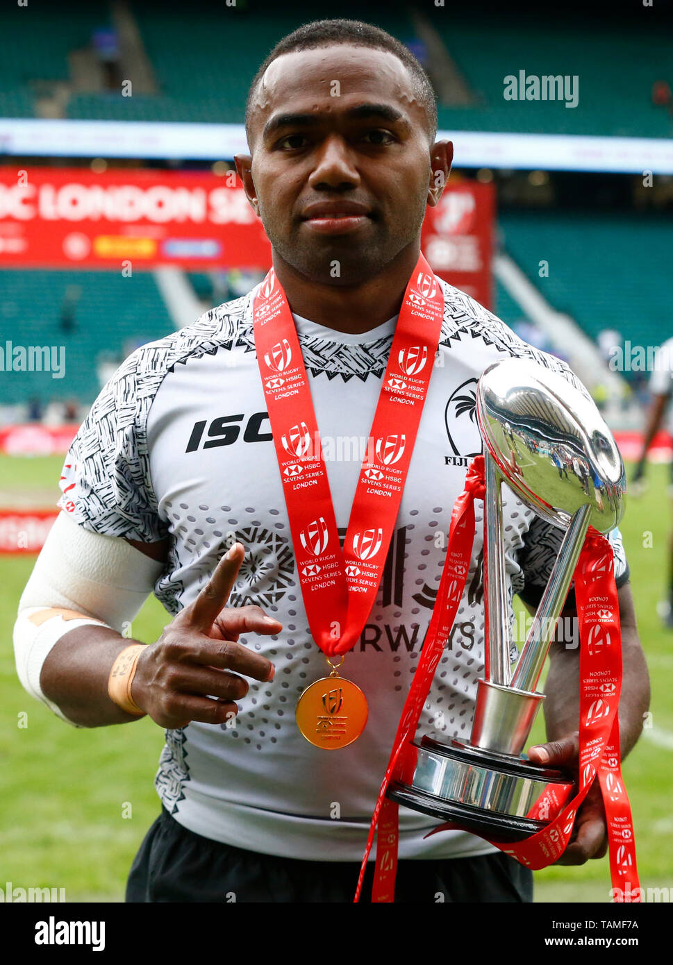 London, UK. 26th May, 2019.  Waisea Nacuqu of Fiji with Trophy during The HSBC World Rugby Sevens Series 2019 London 7s Final  between Fiji and Australia at Twickenham on 26 May 2019 Credit: Action Foto Sport/Alamy Live News Stock Photo
