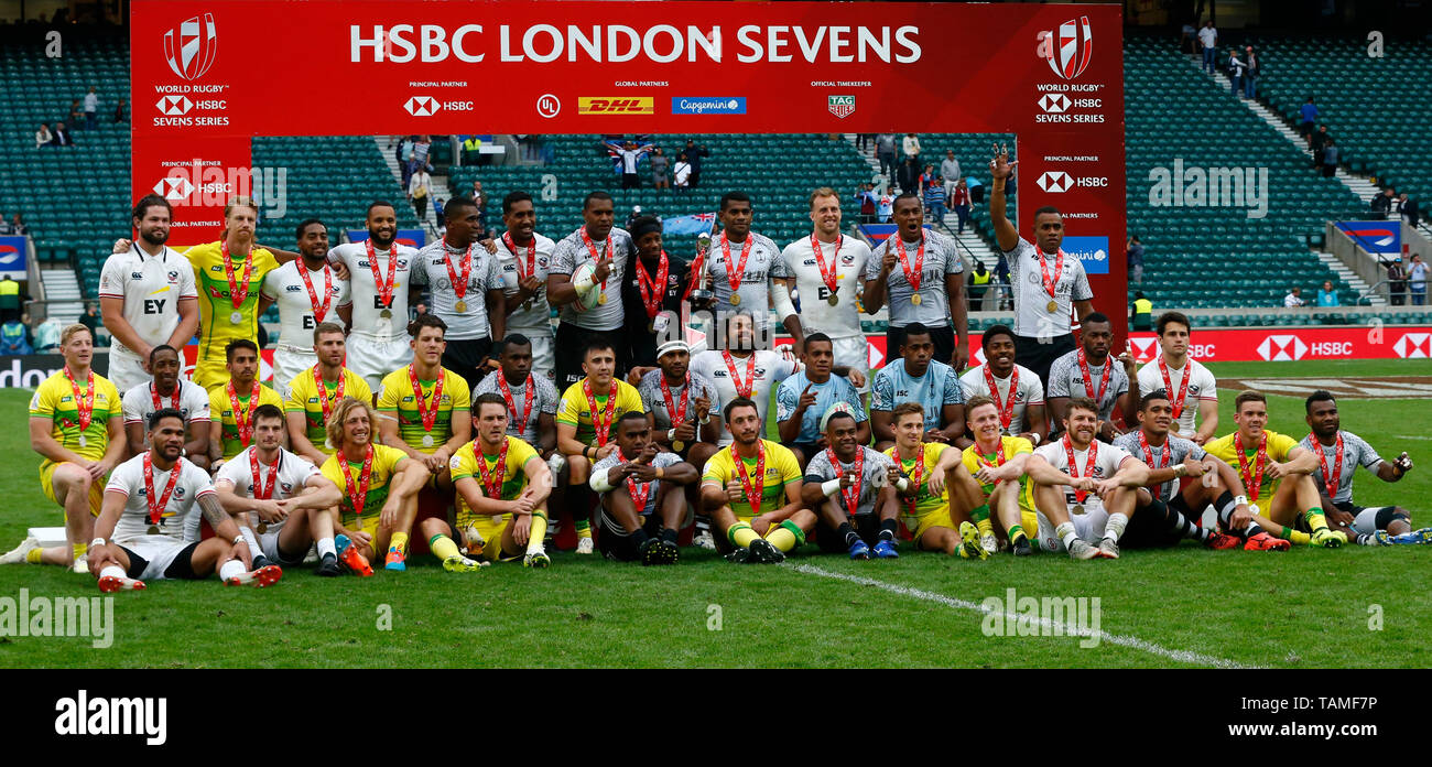 London, UK. 26th May, 2019.  Fiji Team, Australia and USA with Trophy during The HSBC World Rugby Sevens Series 2019 London 7s Final  between Fiji and Australia at Twickenham on 26 May 2019 Credit: Action Foto Sport/Alamy Live News Stock Photo