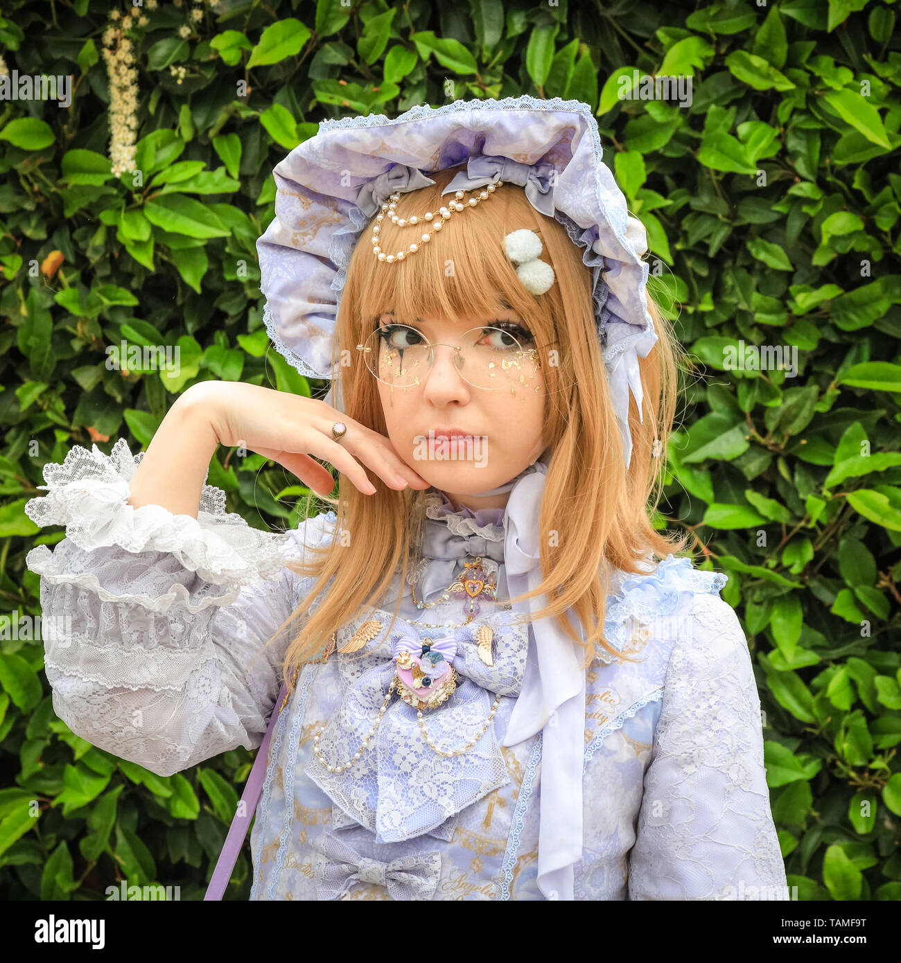 London, UK. 26th May, 2019. Visitor Yule says she has just come along in a Japanese fashion outfit she often wears. MCM Comicon's third and final day once again sees thousands of cosplayers and fans of comics, games and sci fi and fantasy turn up in fantastic costumes and outfits at ExCel London to celebrate their favourite characters. Credit: Imageplotter/Alamy Live News Stock Photo