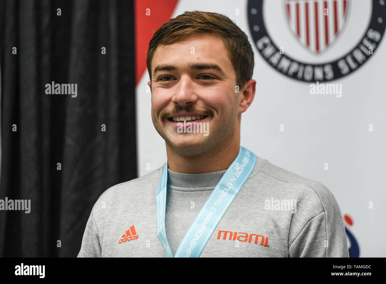 Indianapolis, Indiana, USA. 26th May, 2019. DAVID DINSMORE from the  University of Miami smiles on the awards podium at the University of Indiana  Natatorium in Indianapolis, Indiana. Credit: Amy Sanderson/ZUMA Wire/Alamy  Live