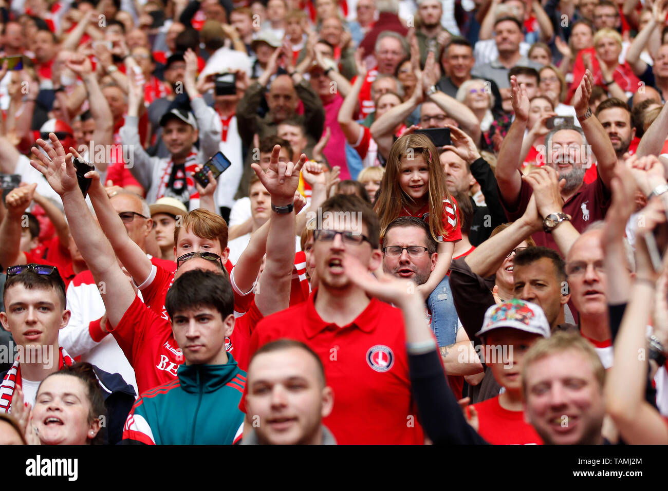 Charlton Athletic fans celebrate during the EFL Sky Bet League 1 Play-Off Final match between Charlton Athletic and Sunderland at Wembley Stadium, London, England on 26 May 2019. Photo by Carlton Myrie.  Editorial use only, license required for commercial use. No use in betting, games or a single club/league/player publications. Stock Photo