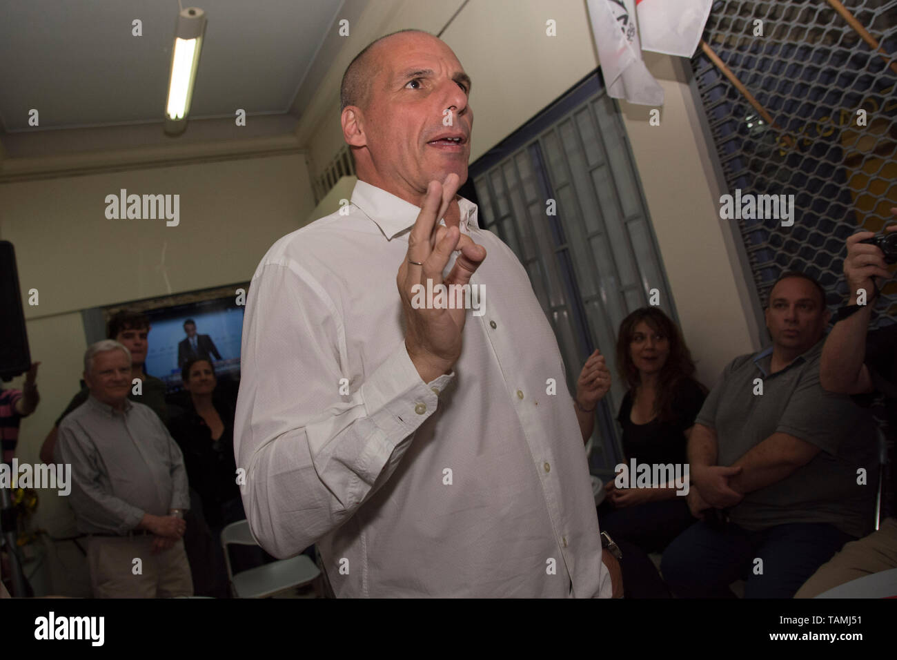 Athens, Greece. 26th May 2019. YIANIS VAROUFAKIS, former Greek Minister of Finance, co-founder of the Democracy in Europe Movement 2025 (DiEM25), secretary of it’s greek branch MERA25 and MEP candidate watches the election results after MERA25 won 3.1% on the European parliamentary elections. Greece heads for national elections as the governing party SYRIZA suffered a major defeat.© Nikolas Georgiou / Alamy Live News Stock Photo