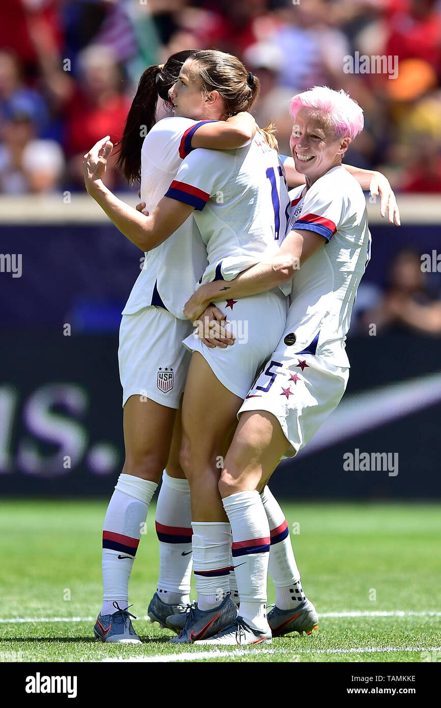 Harrison, New Jersey, USA. 26th May, 2019. USA Women's National Team  players (L-R) ALEX MORGAN, TOBIN HEATH, and MEGAN RAPINOE (15) celebrate  Heath's goal during an International Friendly against Mexico at Red