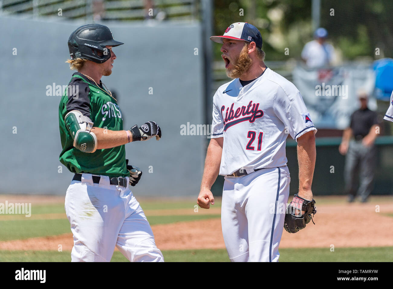 DeLand, FL, USA. 26th May, 2019. Stetson starting pitcher Vlad Nunez (22)  during ASUN Championship baseball game action between the Liberty Flames  and the Stetson Hatters. Liberty defeated Stetson 4-3 at Melching