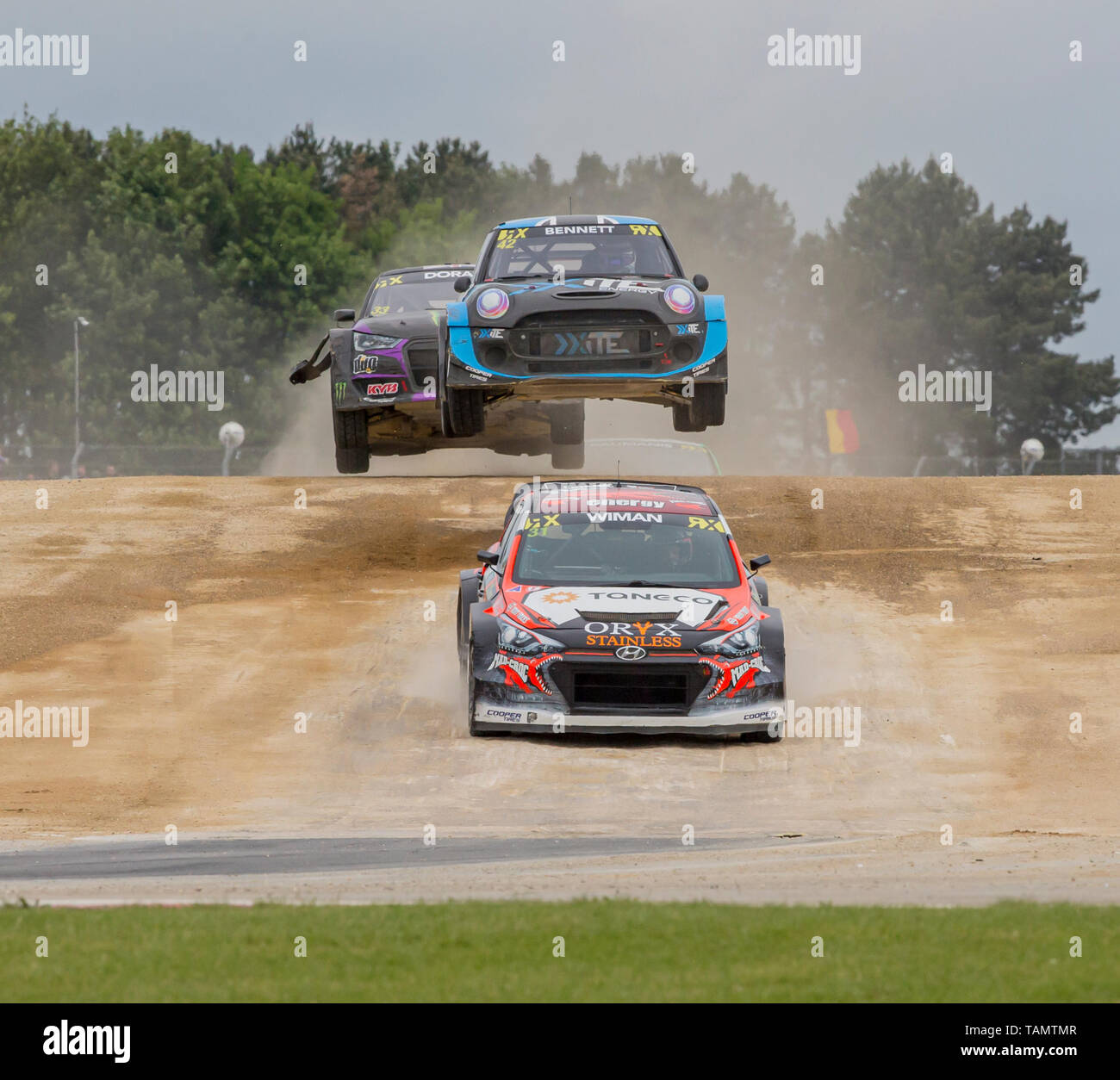 Silverstone, Northampton, UK. 26th May, 2019. 26th May 2019, Silverstone,  Northampton, England, Speedmachine 2019 Festival; Joni Wiman in the Hynandi  i20 for Team GRX Taneco on the jump ahead of Oliver Bennett (