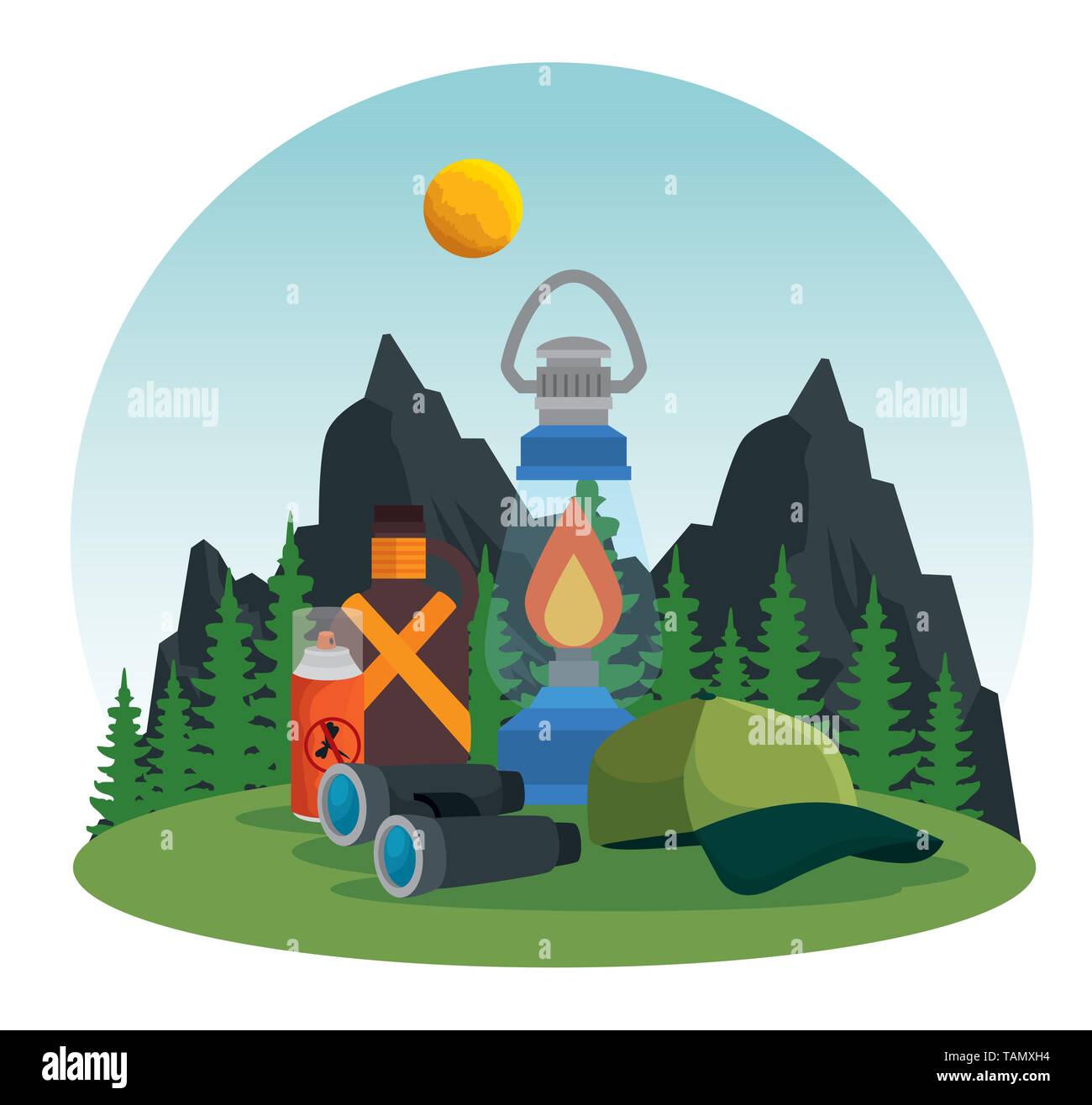 pines trees with mountains and lamp to camping Stock Vector Image & Art ...
