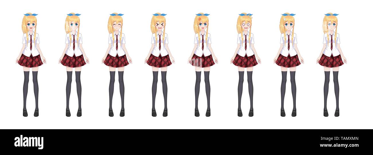 Anime manga girl, Cartoon character in Japanese style. In a white shirt, a red skirt in a cage, a tie and black stockings-tights. Set of emotions. Spr Stock Vector Image & Art - Anime manga girl, Cartoon character in Japanese style. In a white shirt, a red skirt in a cage, a tie and black stockings-tights. Set of emotions. Spr Stock Vector Image & Art -