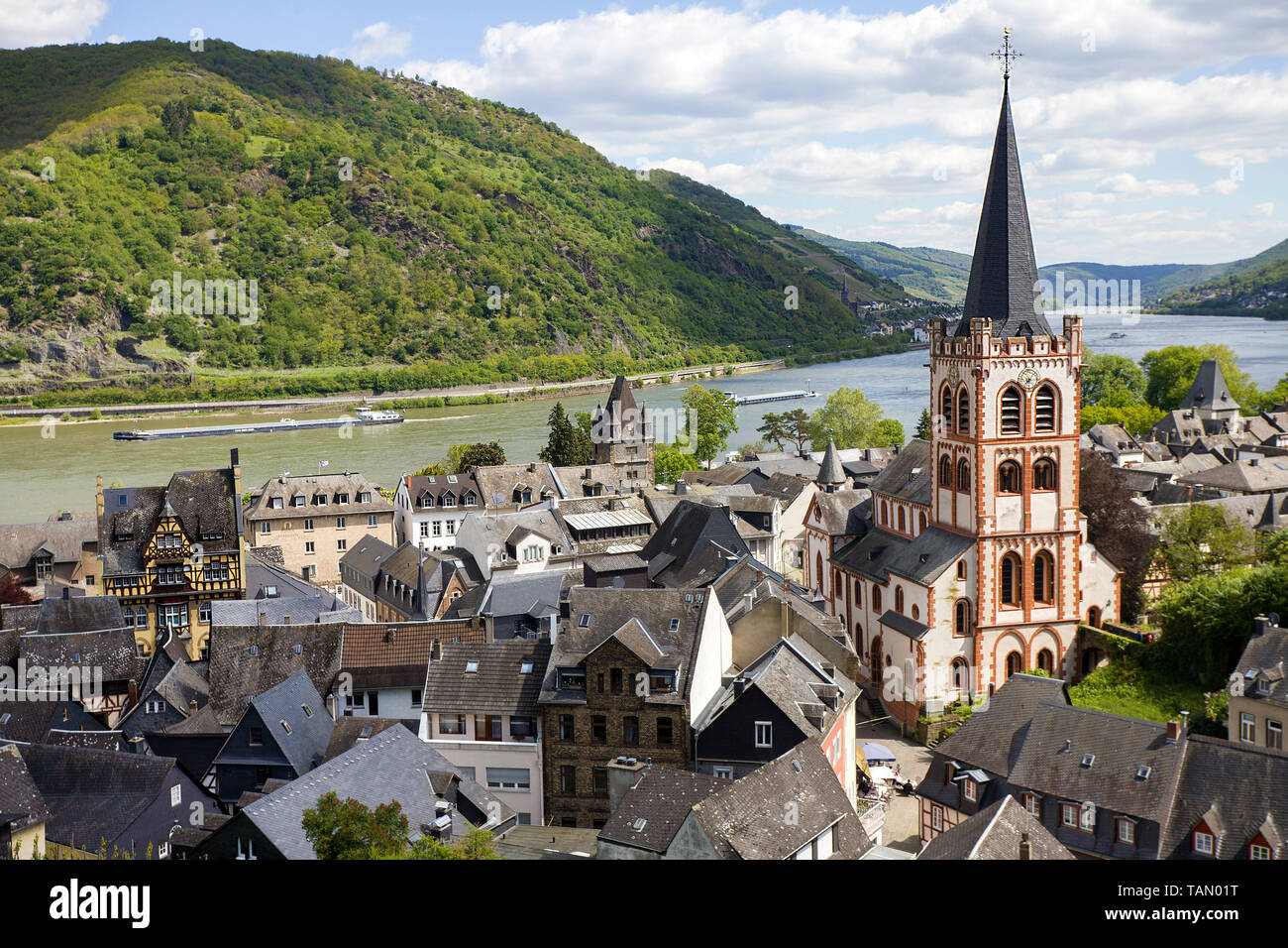 View from the view tower 'Postenturm' on Bacharach with Saint Peter church, Upper Middle Rhine Valley, Rhineland-Palatinate, Germany Stock Photo