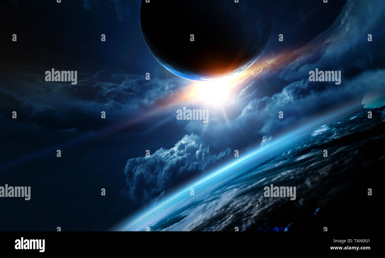 Abstract planets and space texture with sunrise and clouds Stock Photo ...