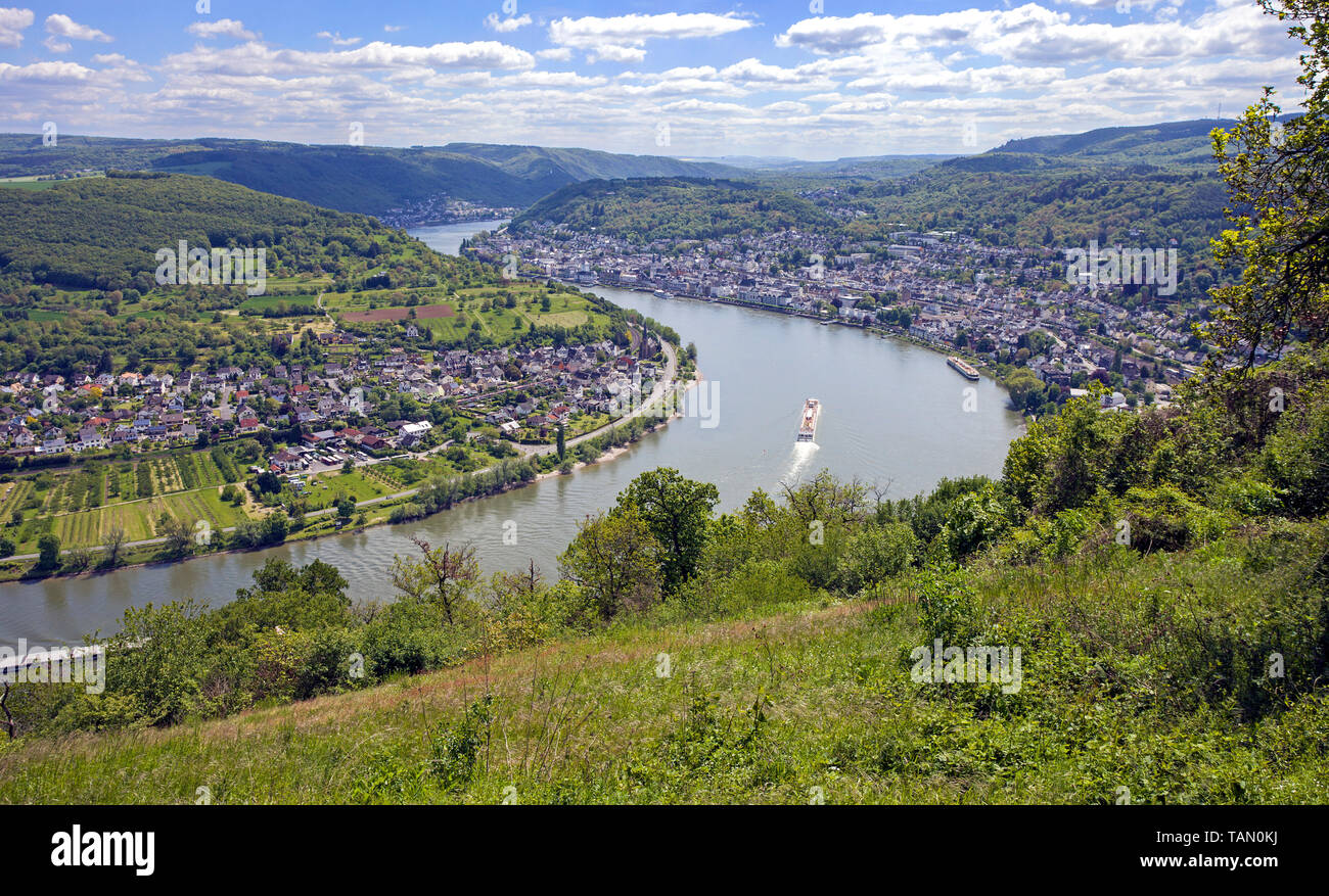 Partial view of the great loop (Rheinschleife Bopparder Hamm) of rhine river Boppard, Upper Middle Rhine Valley, Rhineland-Palatinate, Germany Stock Photo