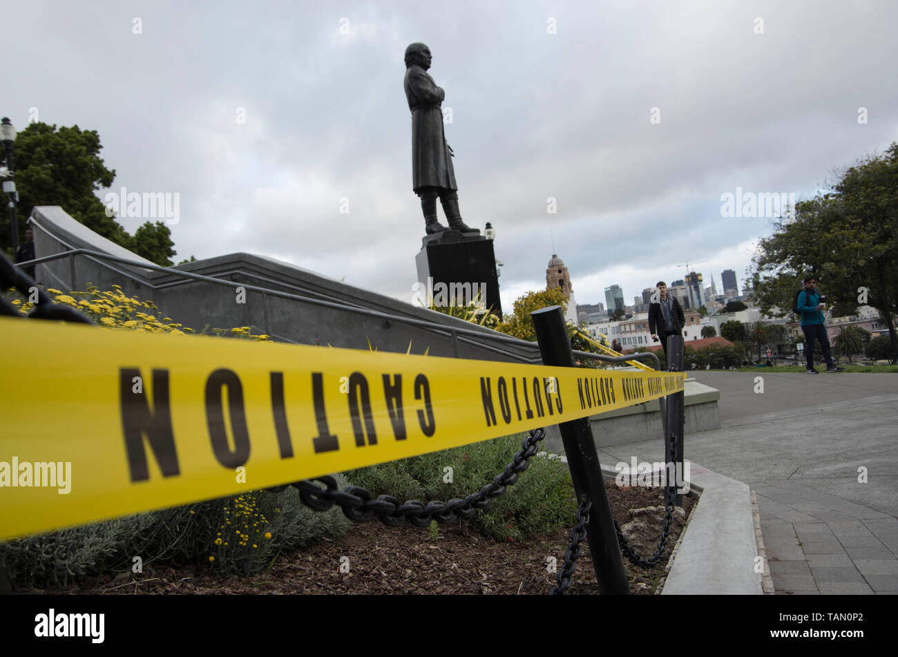 The statue of Miguel Hidalgo stands above a strand of caution tape in Mission Dolores Park in San Francisco. Stock Photo